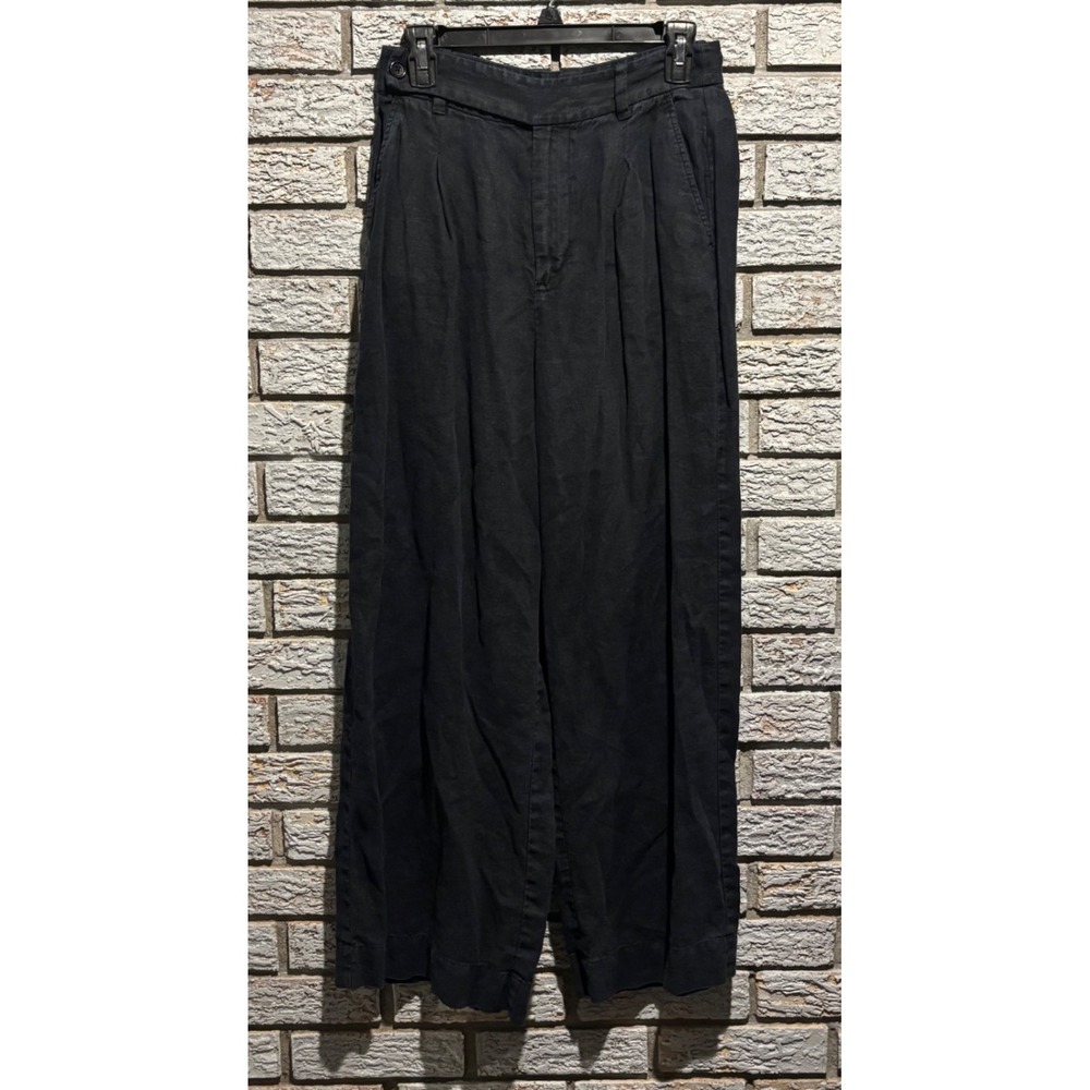 Madewell 100% Linen Pleated Wide Leg Pants Black Trousers Size 4 High Rise